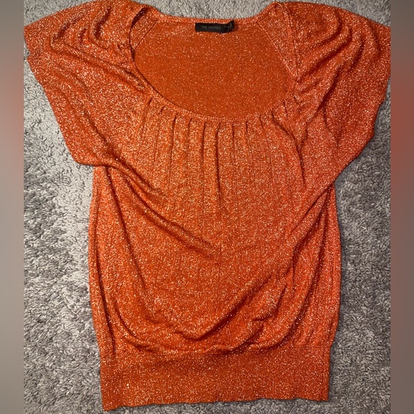 The Limited Tops - The Limited Women’s Shimmery Metallic Orange Short Sleeve Blouse Party Top Med